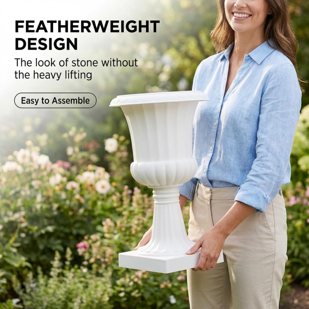 Classic White Decorative Plastic Urn Planter, 19 Inches High