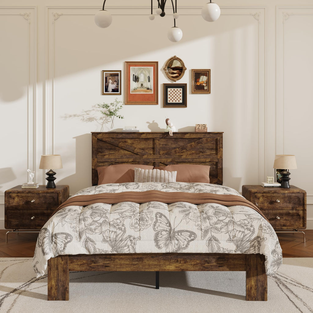 Wood Bed Frame with Farmhouse Headboard, Brown