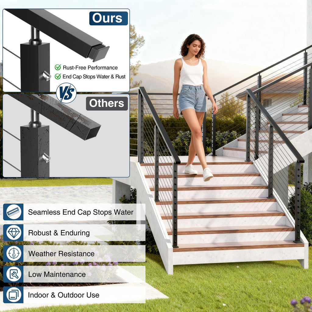 10FT Black Rectangular Handrail, 4 Pack Flat Cable Railing Handrail