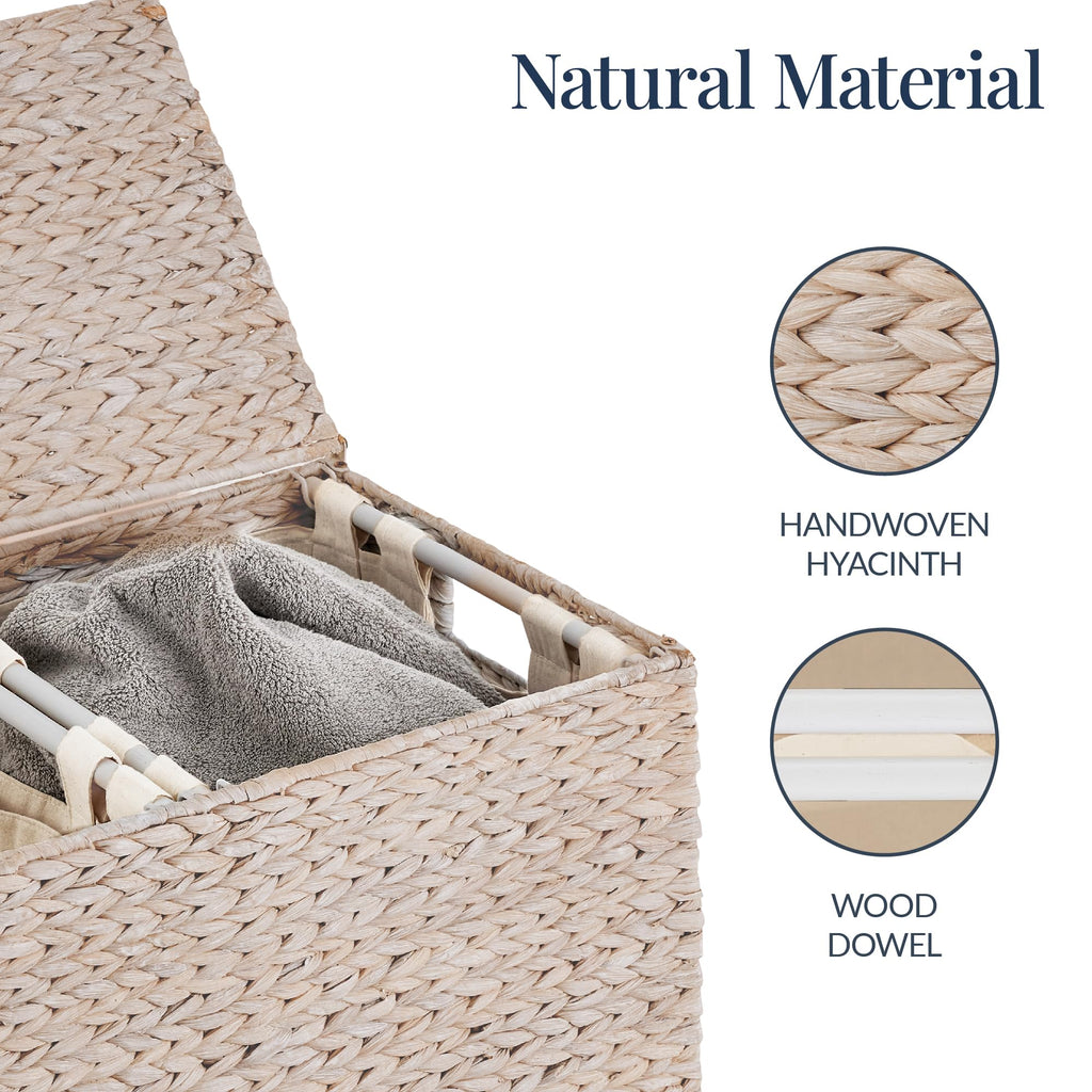 Large Laundry Hamper with Lid, Natural Handwoven Hyacinth Laundry Basket, W/Removeable & Washable Liner Bag