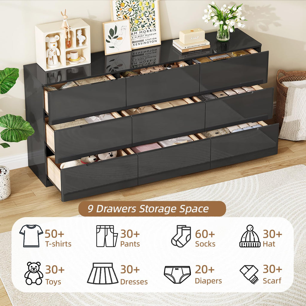 High Gloss Dresser, 60.2" Wide 9 Drawer Dresser, Black