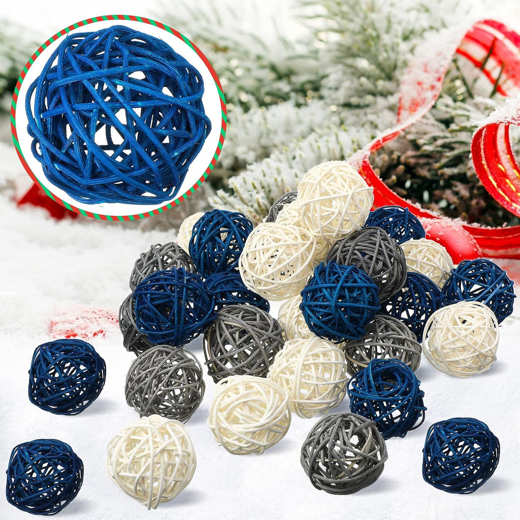 Blue Rattan Balls Blue Decorative Balls for Decoration Bowl Wicker 1.8 Inch White Gray Blue Balls Decor - Set of 30
