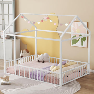 Floor Bed Frame, Metal Montessori Floor Bed with Fence for Boys Girls Bedroom Playhouse for Kids No Slat