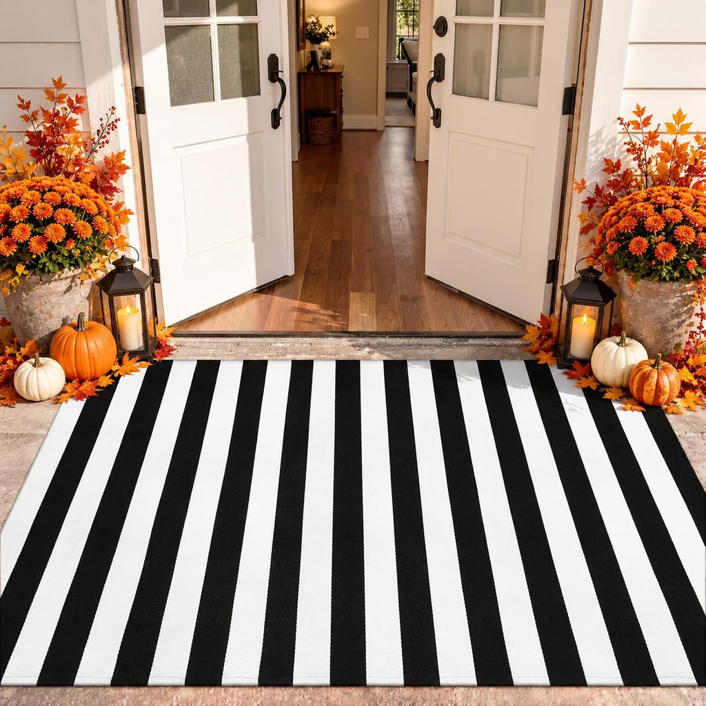 Black and White Buffalo Plaid Outdoor Rug Fall Patio Floor Carpet
