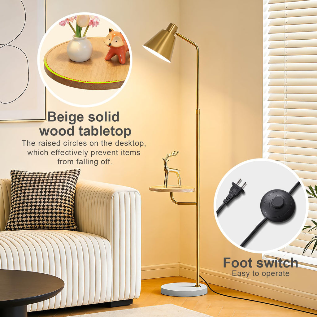 Gold Brushed Floor Lamp with Side Table Bedroom, Modern Standing Lamp 12W LED 3-Color Dimmable 3000K/4500K/6500K