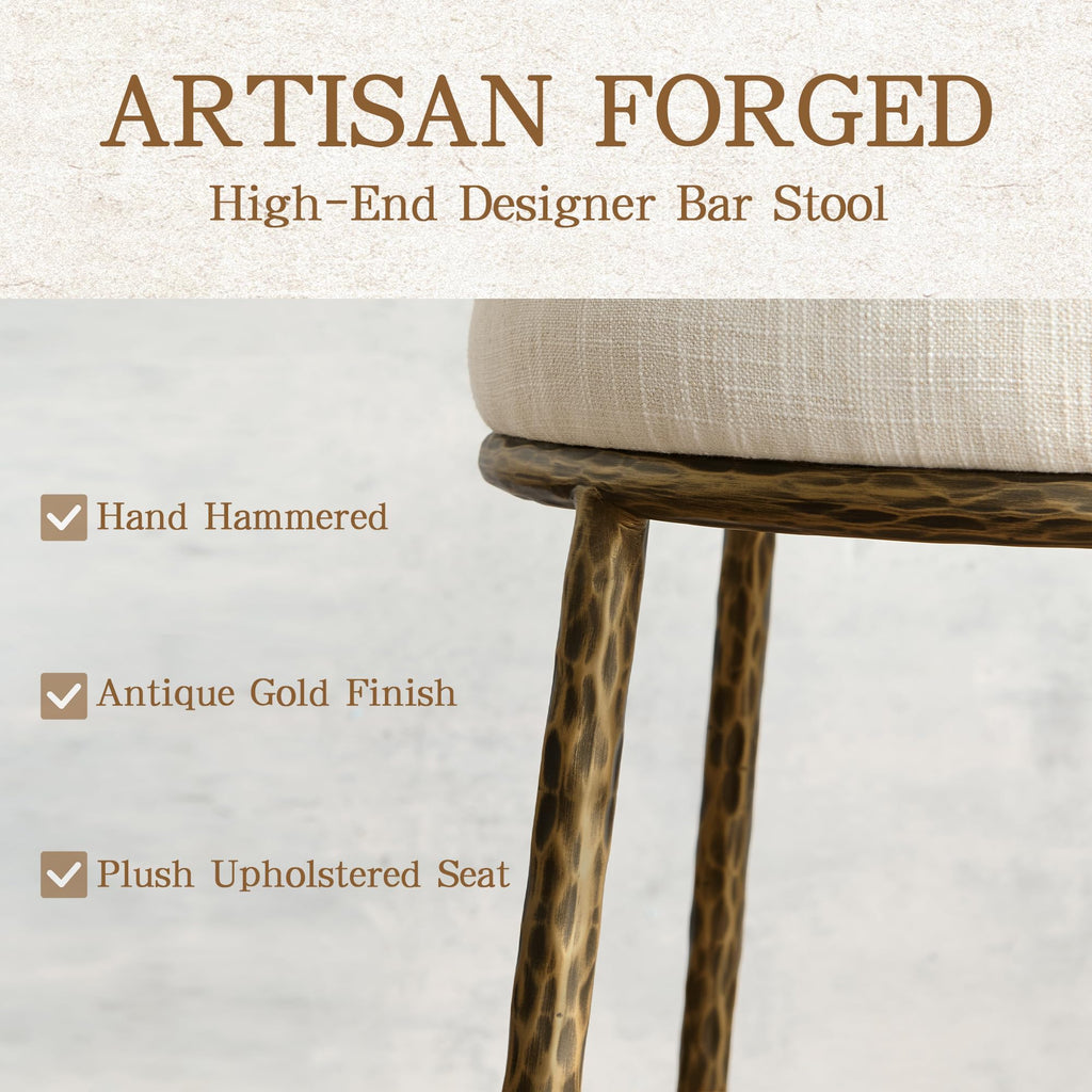 Hammered Counter Height Bar Stool with Low Back, Antique Gold