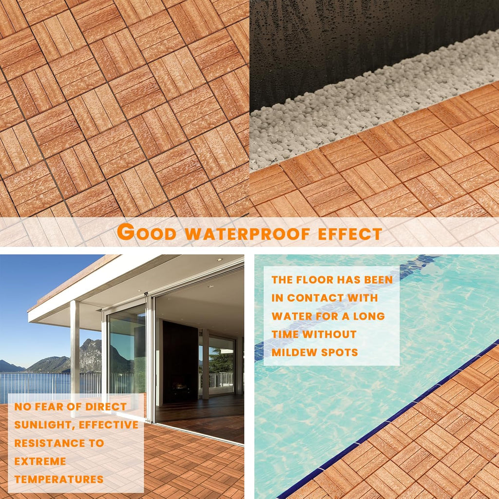 Solid Gold Acacia Wood Interlocking Deck Tiles - Waterproof Snap Together Patio Flooring for All Weather Use on
