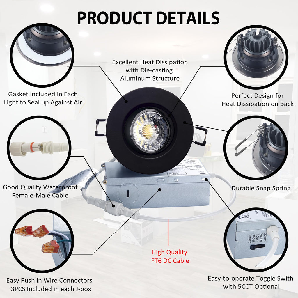 3 Inch LED Recessed Lights 6 Pack,Adjustable Gimbal Downlight, Black