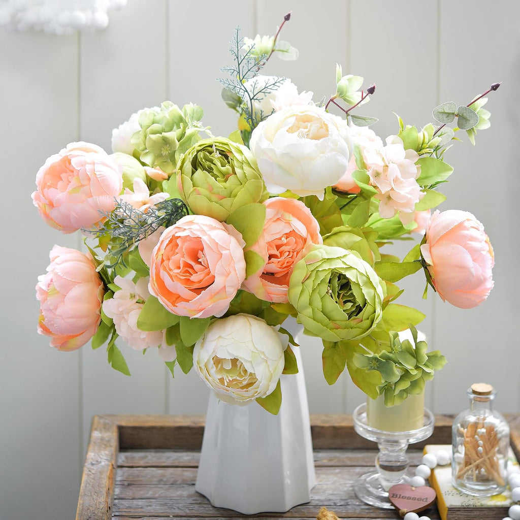 Artificial Peony Bouquet - Faux Silk Flowers Stems - Ready-to-Style Bouquets for Weddings, Home Decor - Set of 2