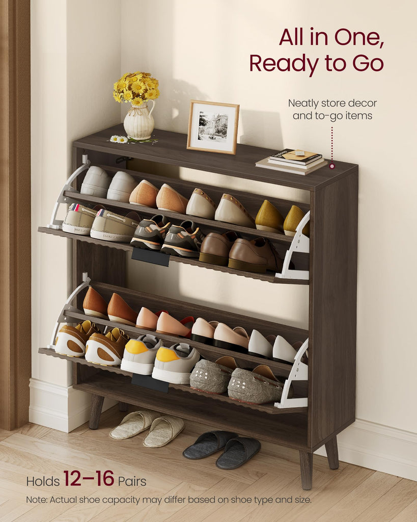 Collection - Shoe Storage Cabinet with 2 Flip Drawers, Freestanding Narrow Shoe Rack Organizer, Fluted Doors, Fits