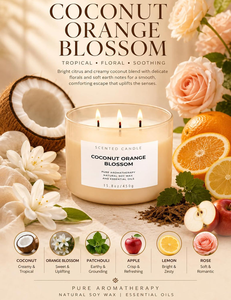 Coconut Orange Blossom Scented Candle, 3-Wick Large Soy Candle 15.8 oz - Set of 158