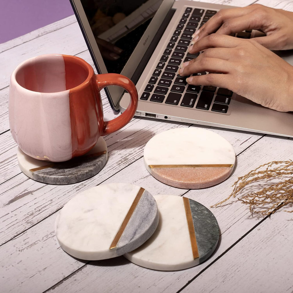 Round Marble Coasters - Handmade Multicolor Stone Drink Coasters with Gold Brass Inlay - Stylish Modern - Set of 4