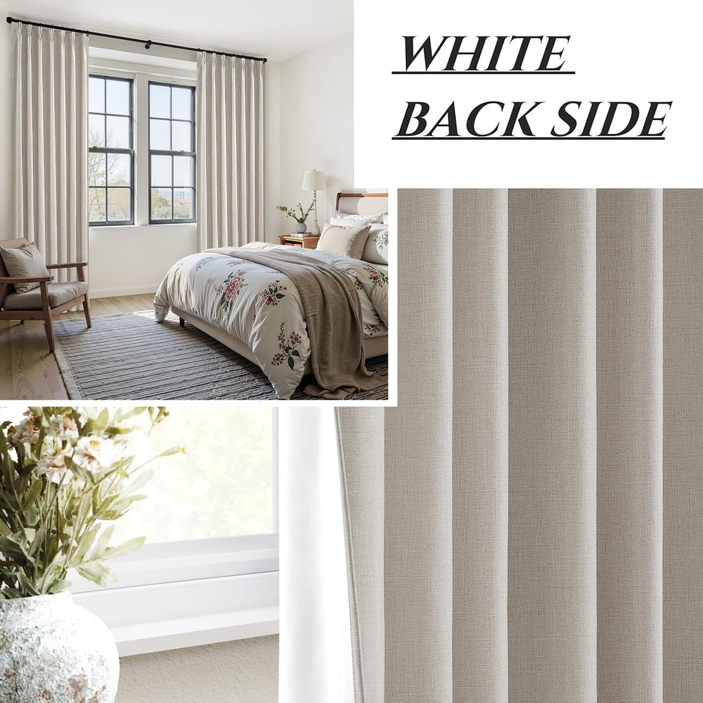 Extra Long Blackout Pinch Pleated Luxury Curtains 144 Inch Long, Rustic Country Natural Linen Thick Office Sound