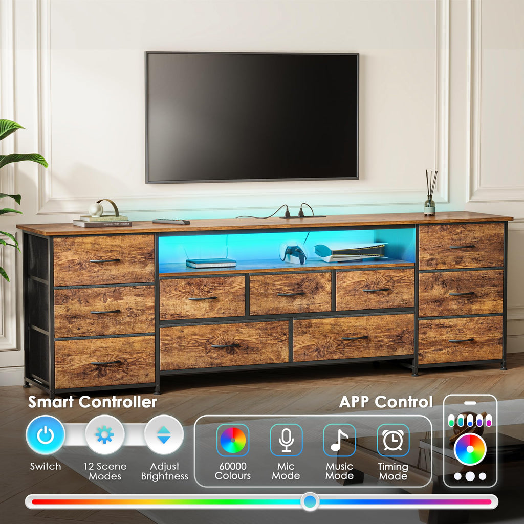 70 Inch TV Stand for 75, 80 Inch TV, 11 Drawer Long Dresser with Power Outlets and LED Lights, Entertainment Center