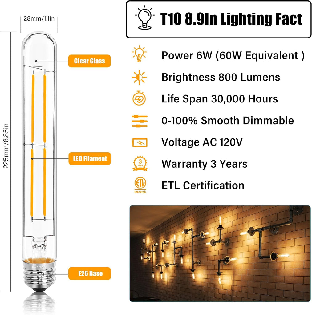 8.9IN LED Light Bulbs E26 Base, 6W 800LM 2700K Soft White T10 T9 Vintage Edison Bulbs Dimmable, AC 120V Equal 80 Watt
