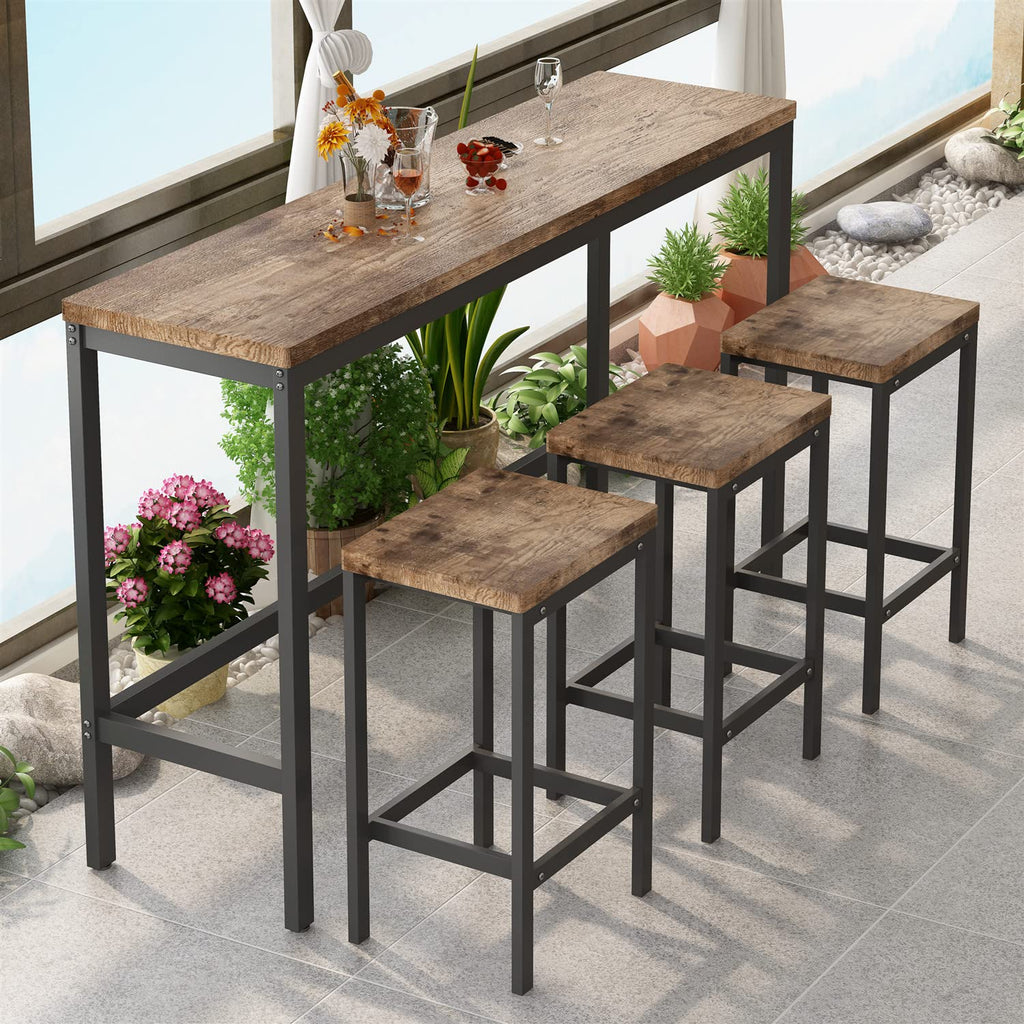4-Piece Counter Height Extra Long Dining Table Set with 3 Stools and Footrest, Modern Design Kitchen Dining Table