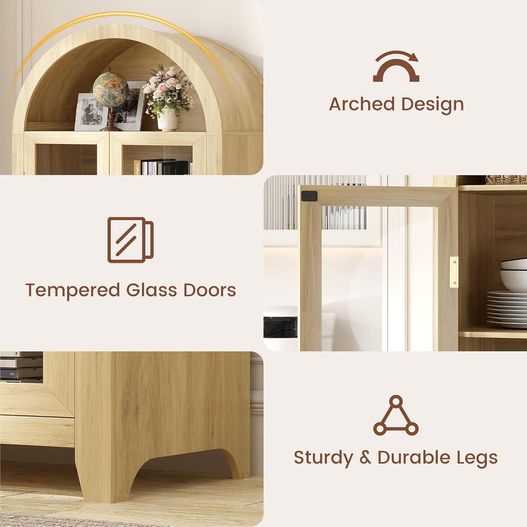 71" Arched Kitchen Pantry Storage Cabinet with Glass Doors | 5-Tier Display Cabinet for Collectibles, Tall Bookcase
