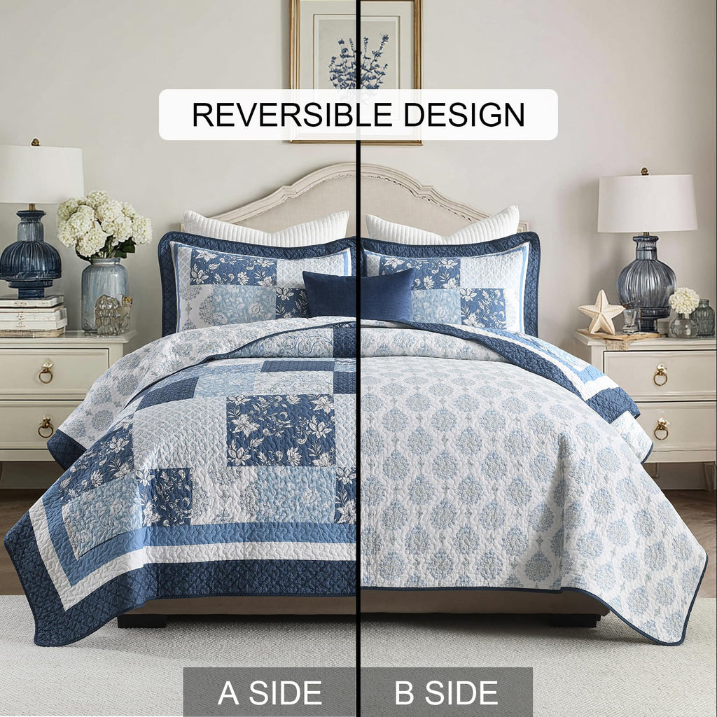 100% Cotton Quilt Set, Farmhouse Floral Patchwork Bedspreads