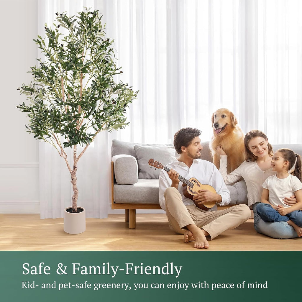 Large Olive Trees Artificial Indoor, Upgraded 7FT Faux Olive Tree with Natural Wood Trunk and Lifelike Fruits, White
