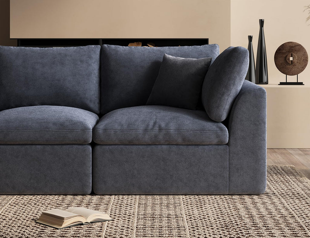 110 Inch Cloud Sectional Couches, Convertible L Shaped Couch with Ottoman, 3 Seater Modular Sectional Sofa, Grey