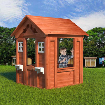 Kids Outdoor Playhouse, Wooden - 42"x46"x55", Golden Red | 100% Fir Wood, Rot-Resistant, 2 Windows + Flowerpot
