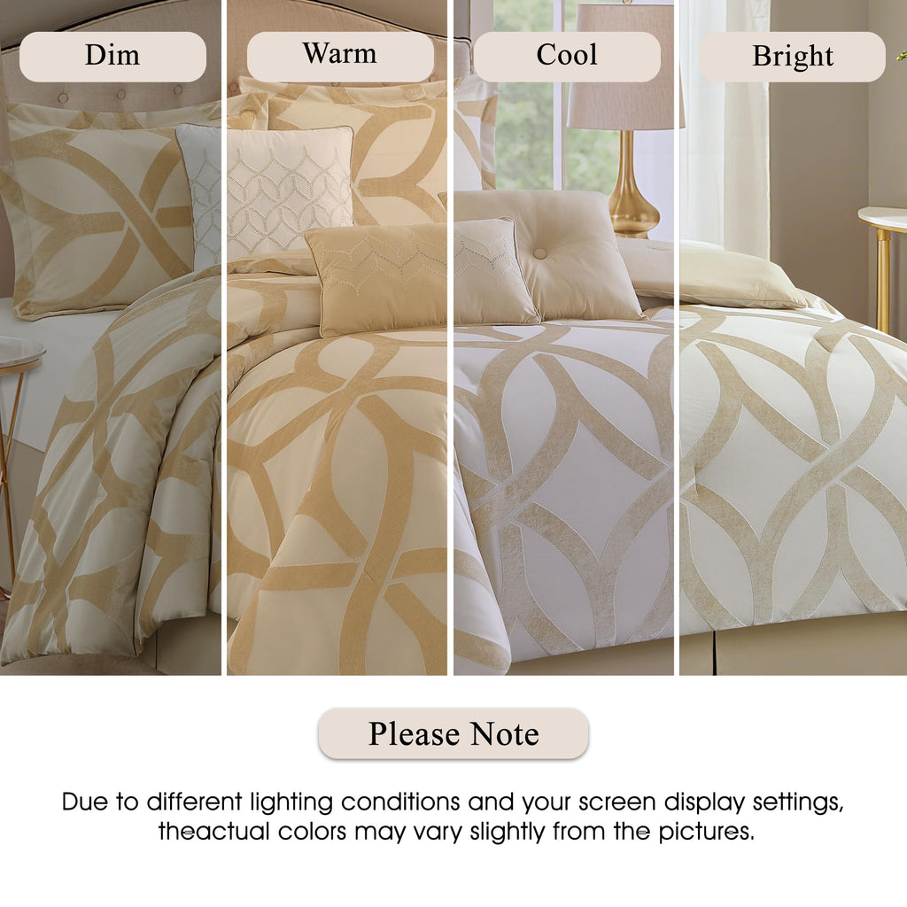 Gold Comforter Set King, Polyester Geometric 7 Piece Bedding, Jacquard with Matching Solid Microfiber Piece Work, All