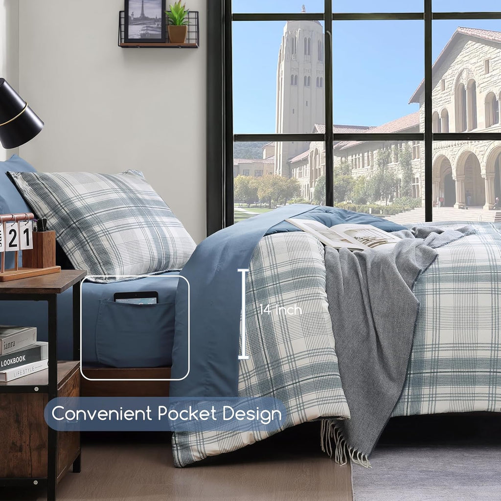 Twin XL Comforter Set, Blue Grey Plaid Bedding Set 5 Piece for Boys Girls Teen, Classic Homestead-Style Kids