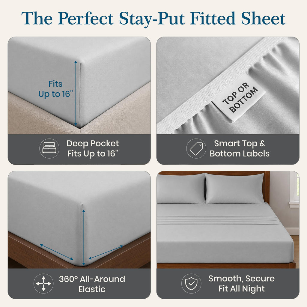 Luxury 4Pc California King Sheets Set, 100% Cotton Sateen (Silver)