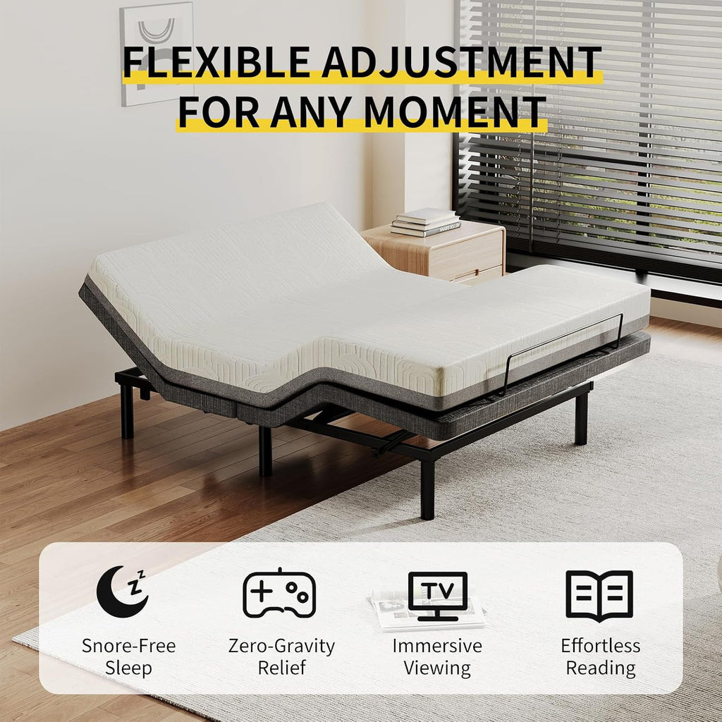 Full Massage Adjustable Bed Frame with 6 Vibration Modes & Timer, Independent Head/Foot Incline, 2 USB, Wireless