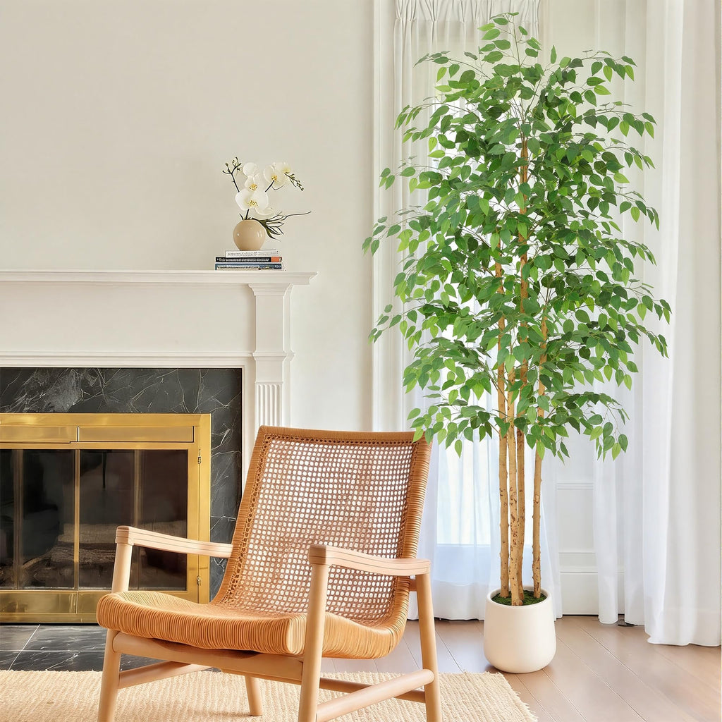 7ft Artificial Ficus Tree with White Decorative Planter & Multiple Real Wood Trunks, 84in Fake Ficus Tree with