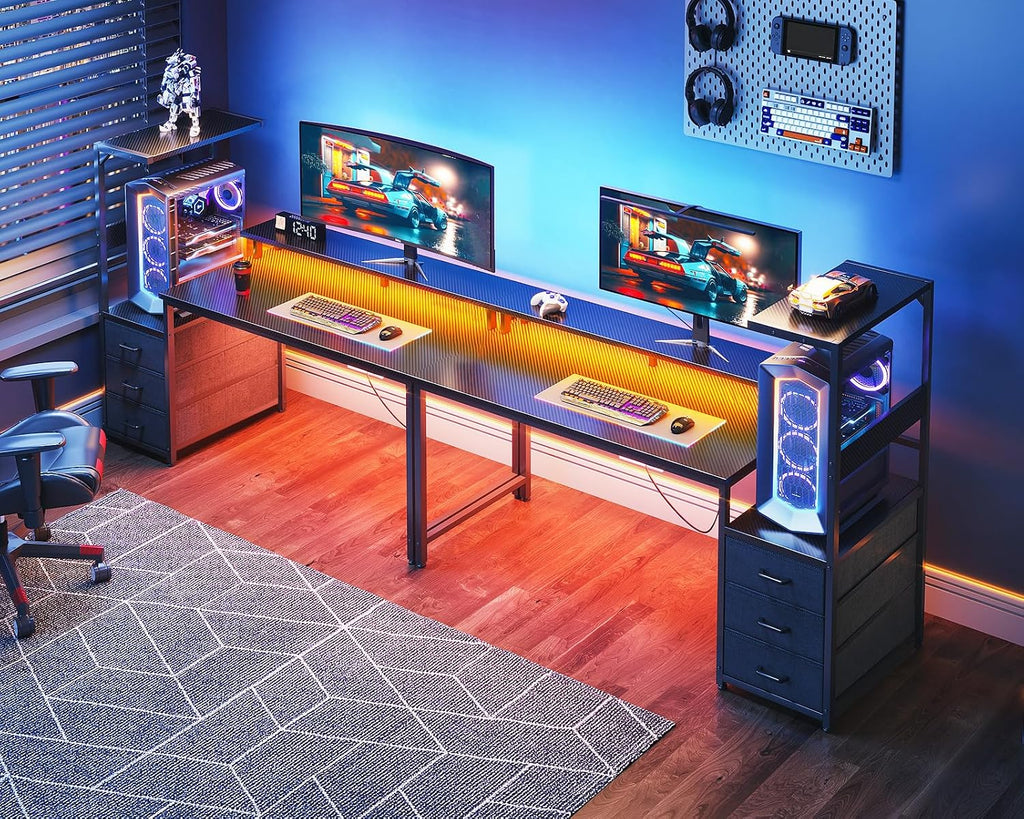 Gaming Desk w/PC Showcase Stand, 59" Reversible, RGB LED, Black | Elevated stand fits Lian Li O11, Hyte Y60. Triple