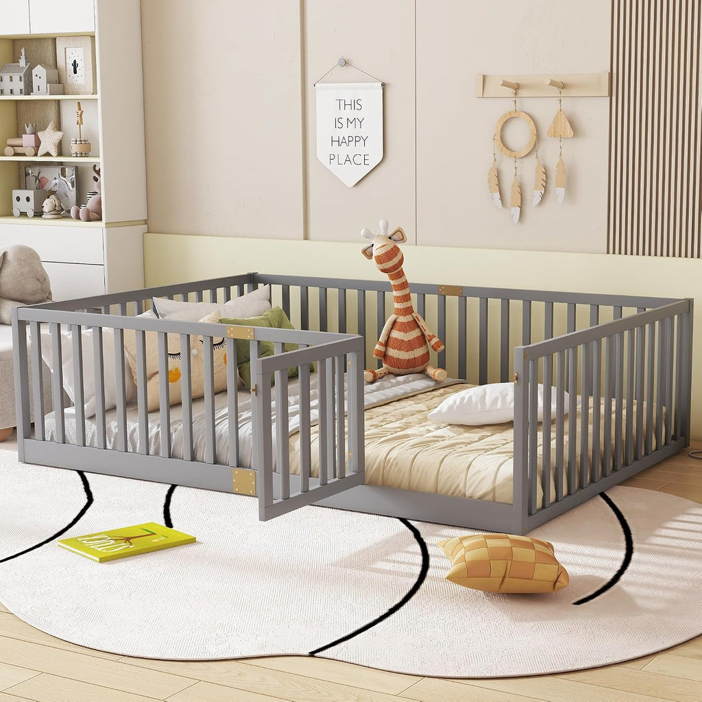 Montessori Floor Bed with Slats, High Guardrails & Door, Gray