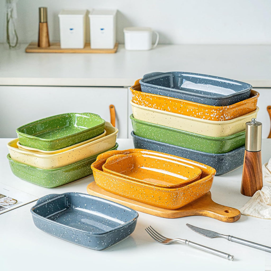Ceramic Dish Set of 3 (13.8''/12''/9.6''Orange) | Oven-Safe Stackable Deep Rectangular Lasagna Pan with Handles, Up