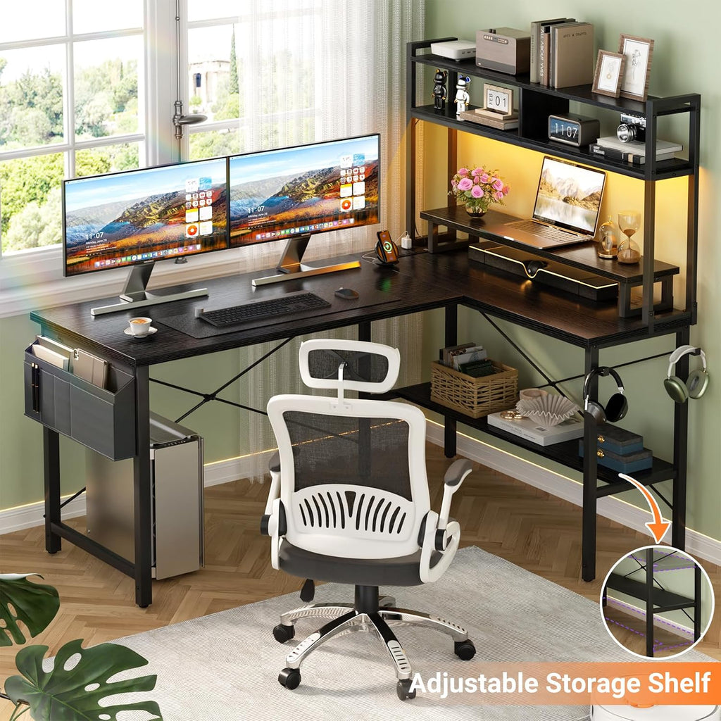 L Shaped Gaming Desk with Power Outlets & LED Lights, Black | Small L- Shaped Desk Computer Corner Desk with Monitor
