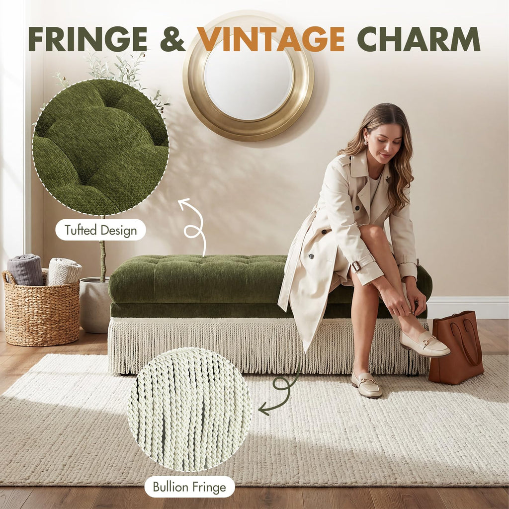 47-Inch Chenille Ottoman Bench Vintage Tufted Fringe Design Green