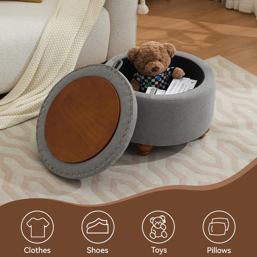 24Inch Round Storage Ottoman with Tray, Modern Tufted Fabric Circle Coffee Table with Storage, Upholstered Ottoman