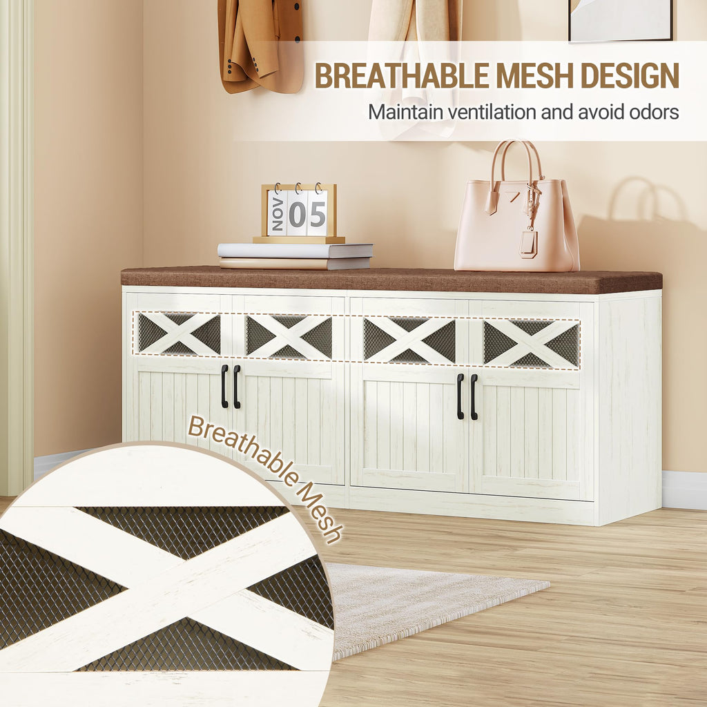 47.2" Shoe Storage Bench with 4 Barn Doors & Padded Seat Cushion