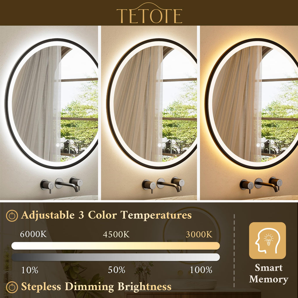 Round Led Lighted Bathroom Mirror Matte Black Frame 30 Inch Front and Backlit Circle Round Light up Vanity Mirror