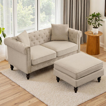62" Chesterfield Linen Sofa, Vintage Small L Shaped Loveseat Couch