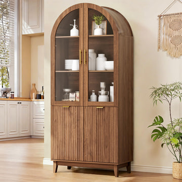 71" Tall Arched Cabinet with Glass Doors, Fluted Kitchen Pantry Cabinet, Modern Wood Storage Cabinet with Adjustable