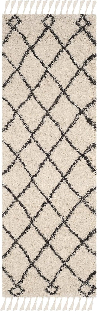 Moroccan Fringe Shag Collection Runner Rug, Cream & Charcoal, Boho Trellis, Non-Shedding & Easy Care