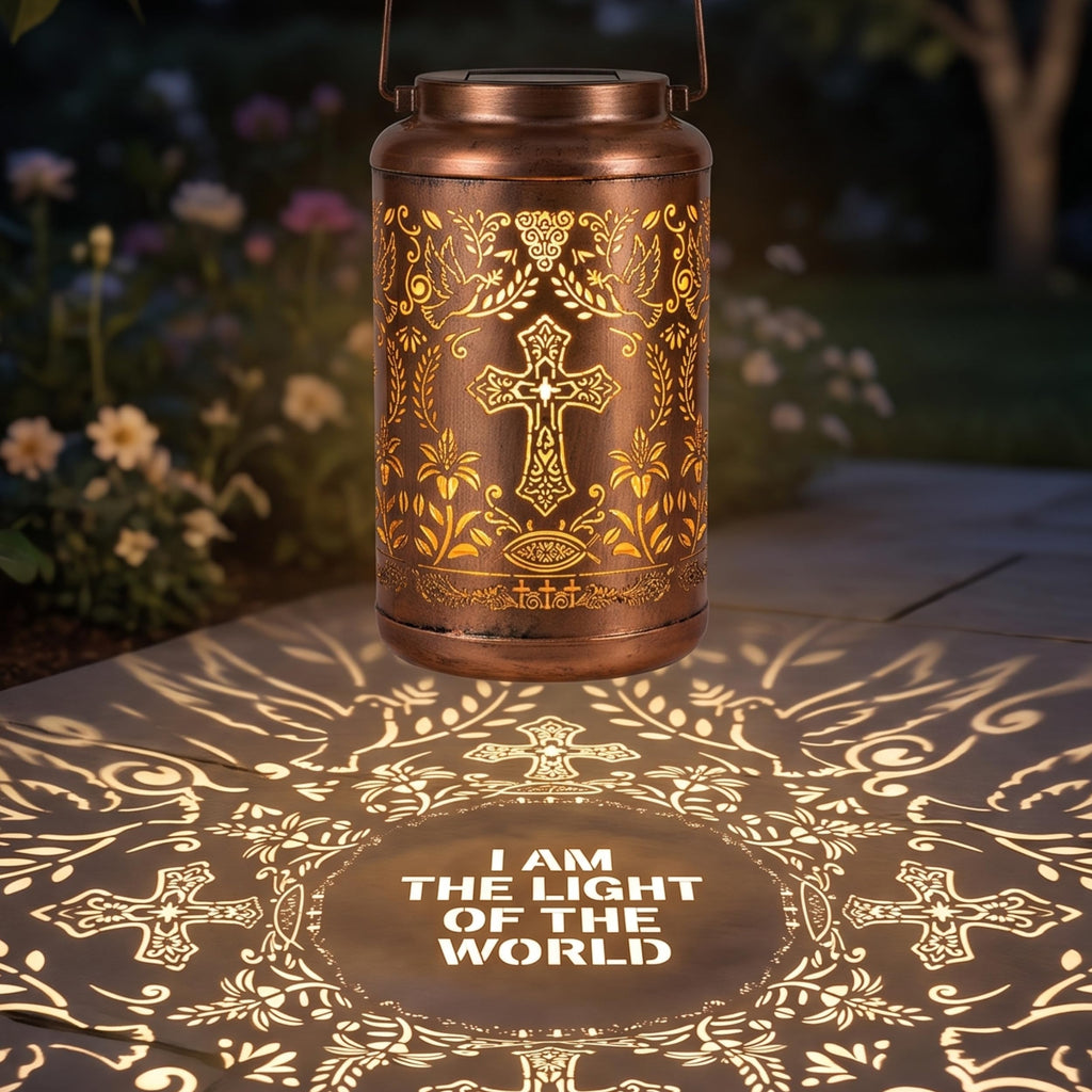 Solar Lantern with Shepherd Hook Hanging Pole, Cross, Religious Decorations | Decorative Outdoor Waterproof Garden