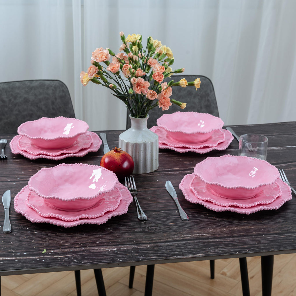Pink Dishes Melamine Dinnerware Sets, 18 Piece Kitchen Plates and Bowls tableware Set, Lightweight, BPA free Beaded