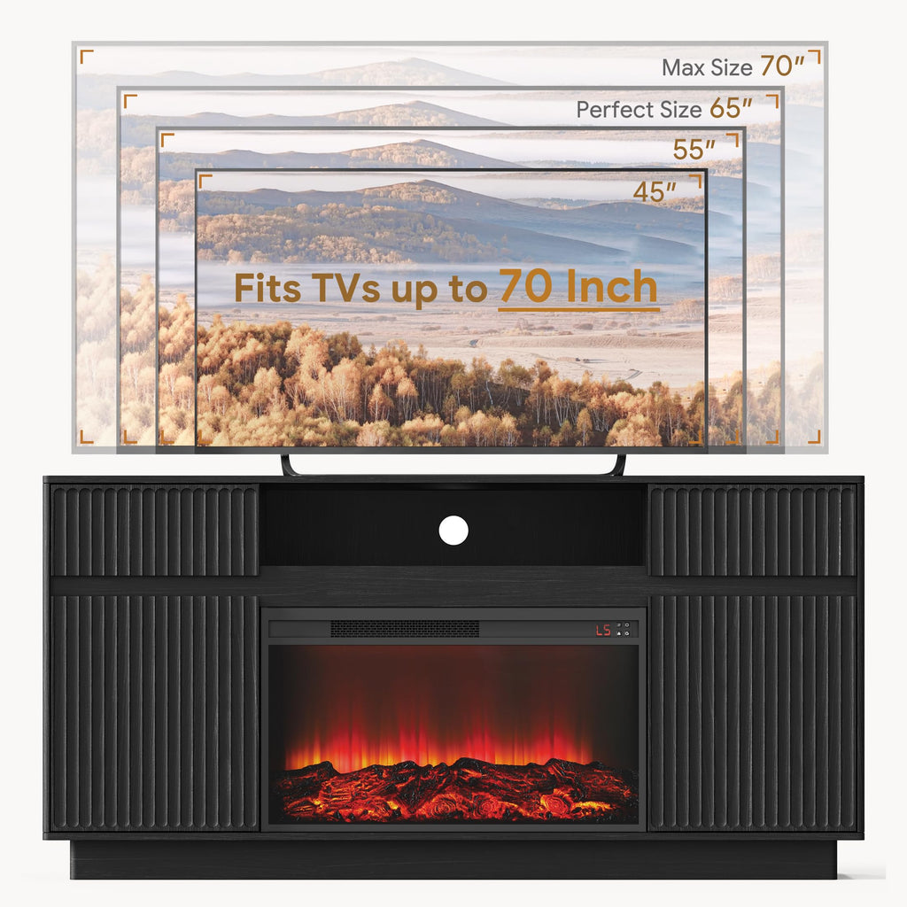64" Fluted Fireplace TV Stand with 30" Electric Fireplace, Black