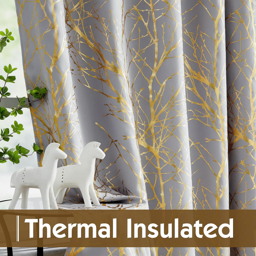 100% Blackout Curtains, Curtains 84 Inches Long Gold on Grey Tree Curtains, Gold Foil Room Darkening Thermal