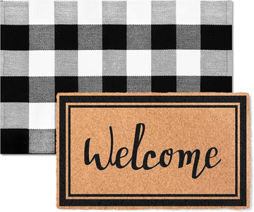 2-Piece Layered Welcome Mat Set - Coir Doormat & Buffalo Plaid Rug | Brown Coir Doormat & Black White Buffalo Plaid