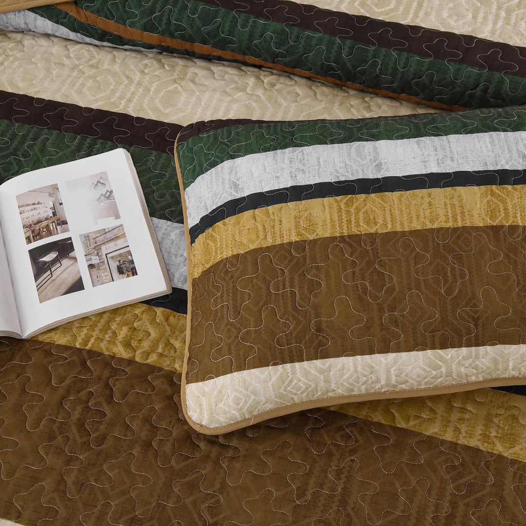 Stripe Quilt Bedding Set, Boho Brown Lightweight Bedspread