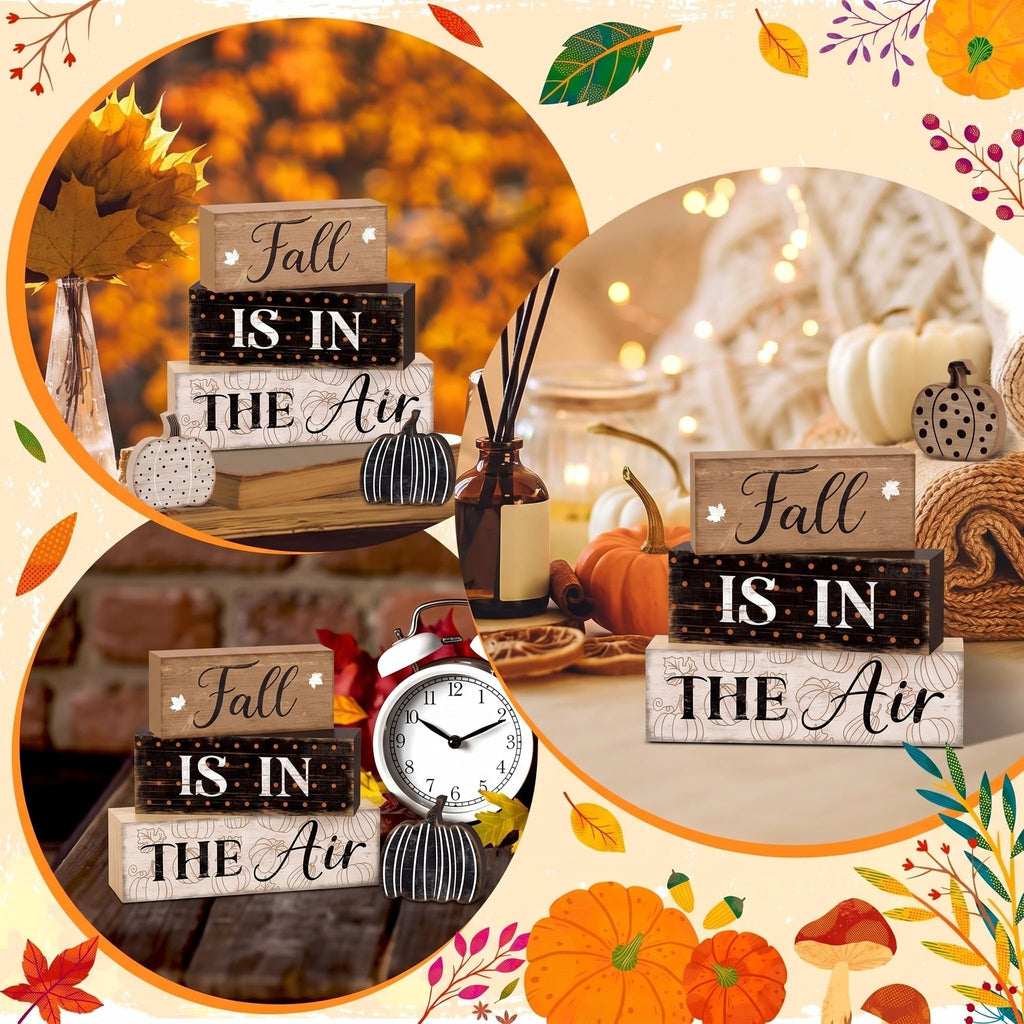 Fall Pumpkin Dot Tiered Tray Decor Set, 4 Pack, Wooden Table Sign