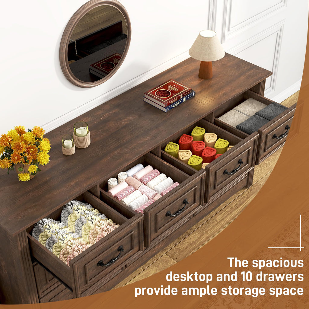 Farmhouse 12 Drawer, 63" Wood Chest of Drawers with Rustic Handles, Wide Closet Dressers Organizer, Living Room