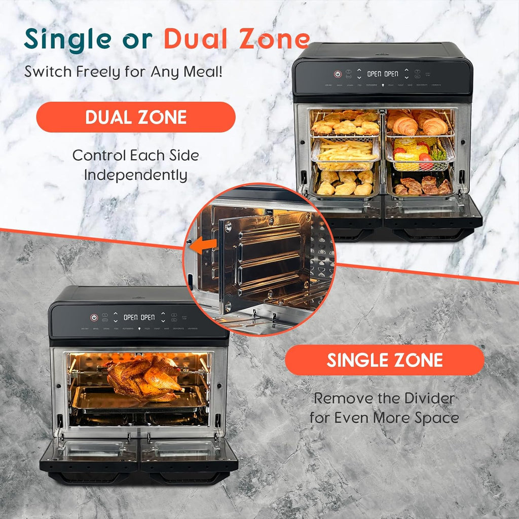 24Qt Dual Zone Air Fryer Oven with Rotisserie, Extra Large Double Air Fryers Mini Oven Digital 1800W 10 in 1 Airfryer